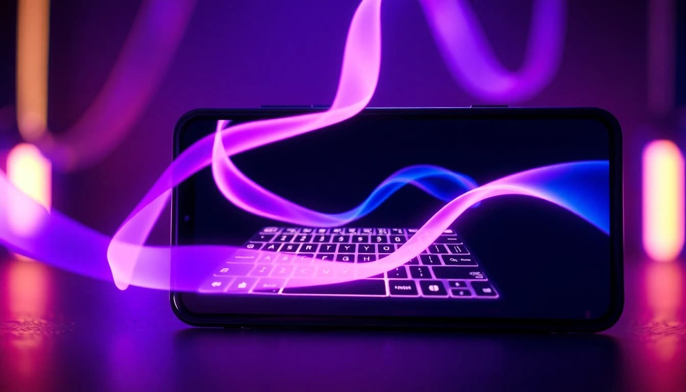 Comment créer une vidéo IA sur un smartphone, un prompt lumineux qui se transforme en image de vidéo cinématographique au-dessus d'un bureau de studio sombre