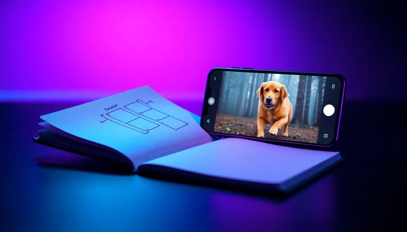 Un carnet avec une formule de prompt manuscrite à côté d'un téléphone affichant l'aperçu du clip généré, comment créer une vidéo IA à partir d'un prompt