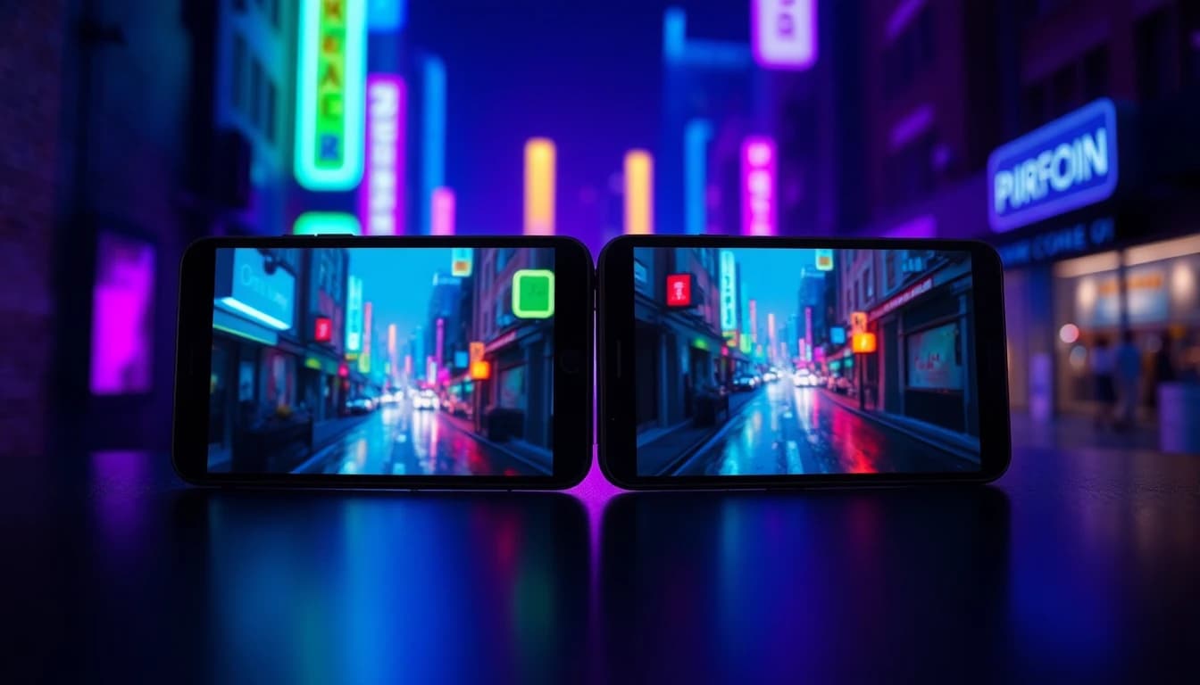 Deux téléphones côte à côte, un clip vertical 9:16 et un clip écran large 16:9 de la même scène, choix du format d'image d'une vidéo IA