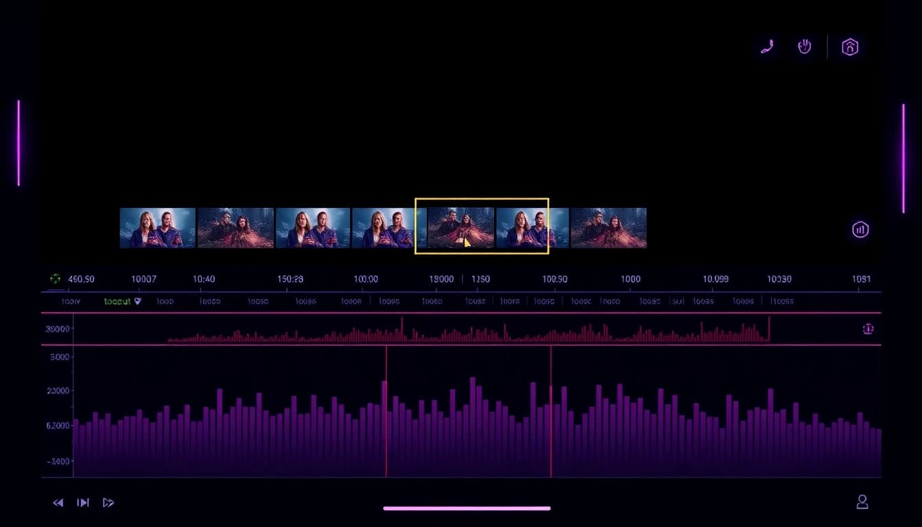 Mobile AI video editor interface showing auto-cut timeline with AI suggested clips highlighted and waveform analysis