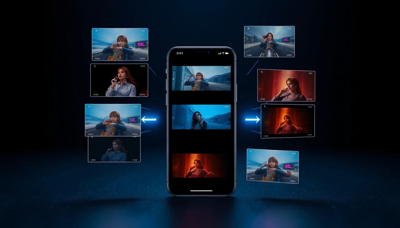 Multiple AI generated video frames floating around a smartphone showing different style transfer options