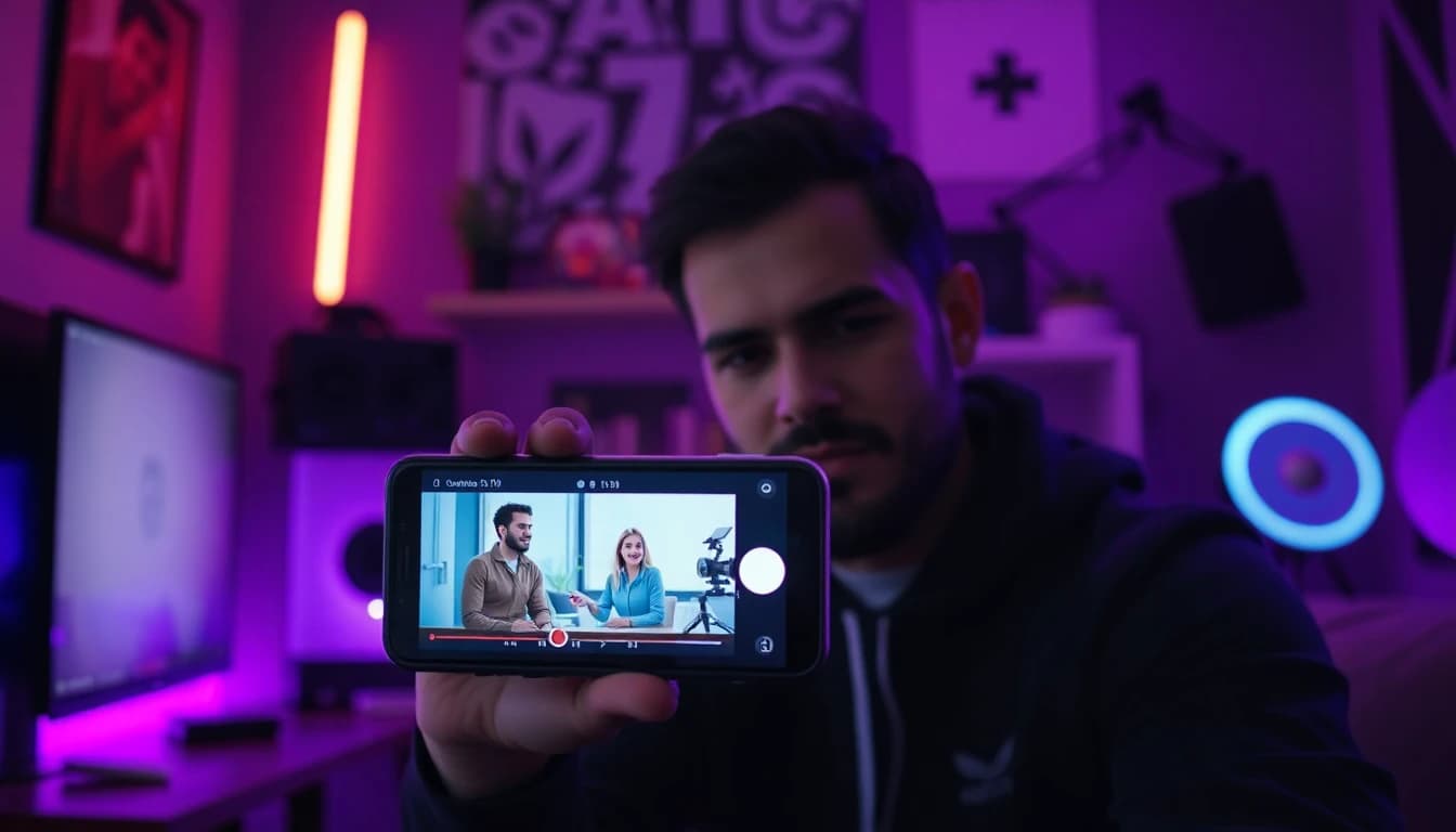 Content creator reviewing finished AI edited video on smartphone in cozy creator studio with neon accent lighting