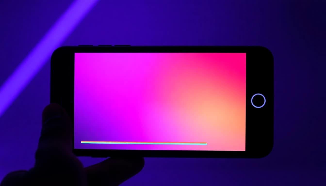 Handybildschirm zeigt fertiges KI-bearbeitetes Video kurz vor Export mit lebhaftem violettem Gradient-Hintergrund