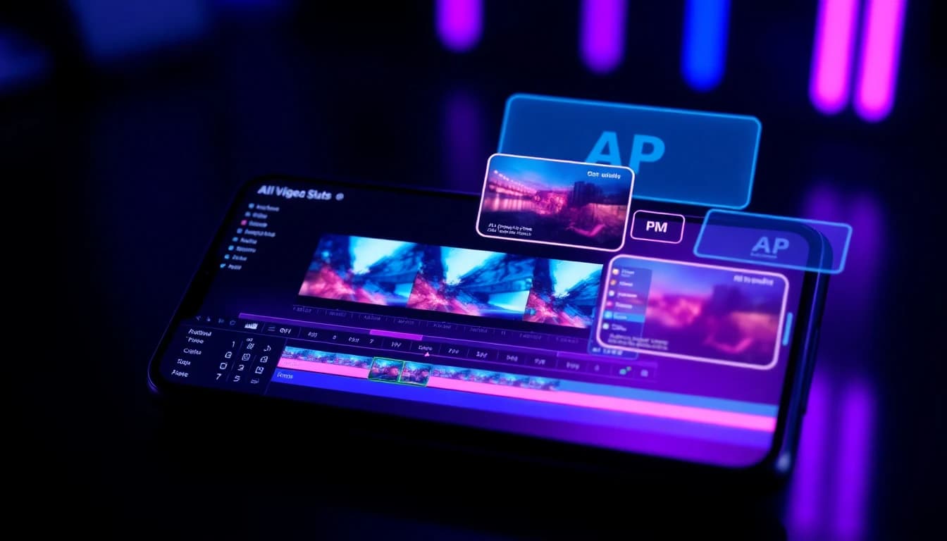 Smartphone with AI video editing interface showing timeline of multiple AI enhanced clips and floating control panels in dark studio
