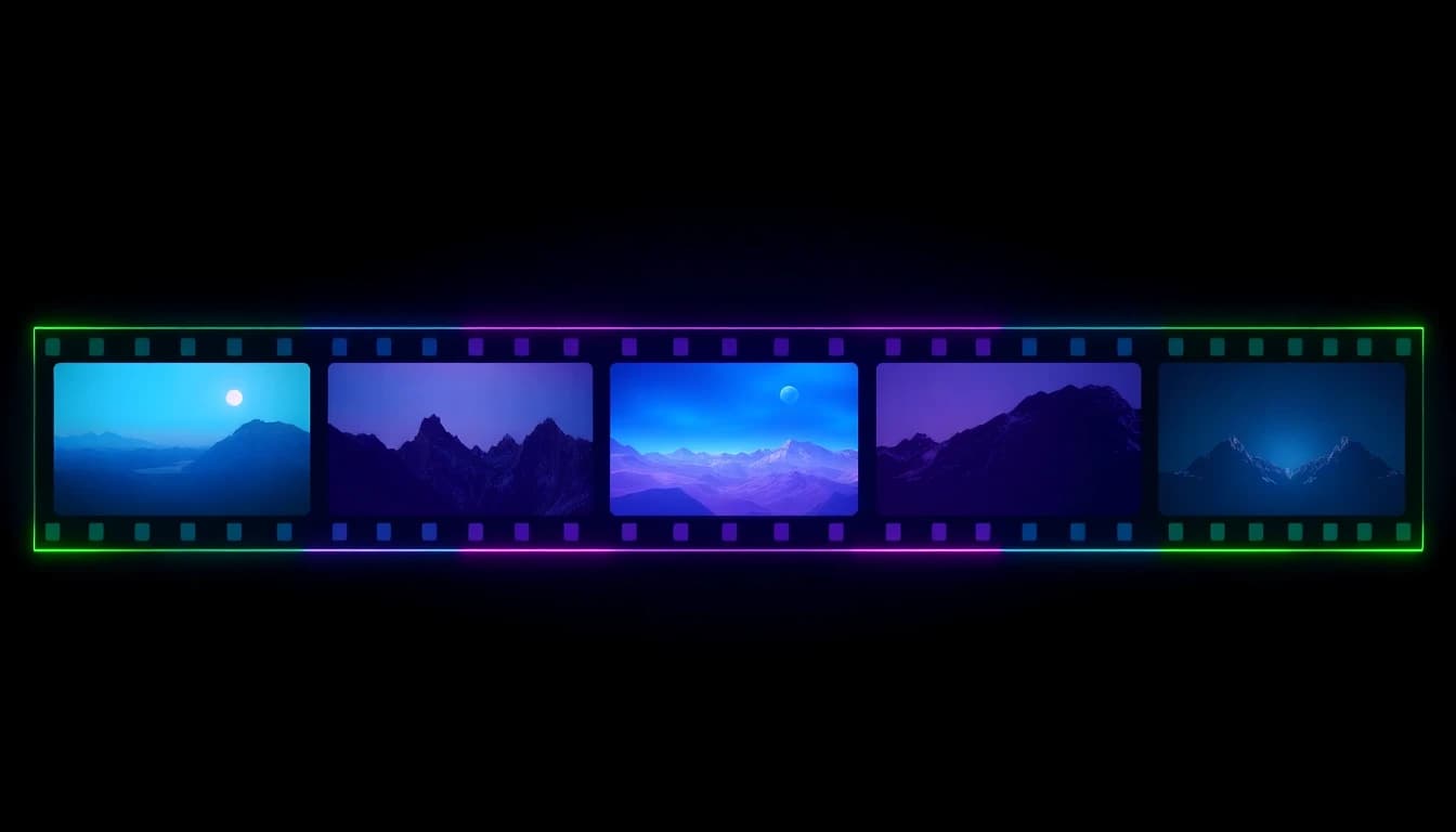 Storyboard of song sections turning into AI-generated music video clips glowing in a dark neon studio