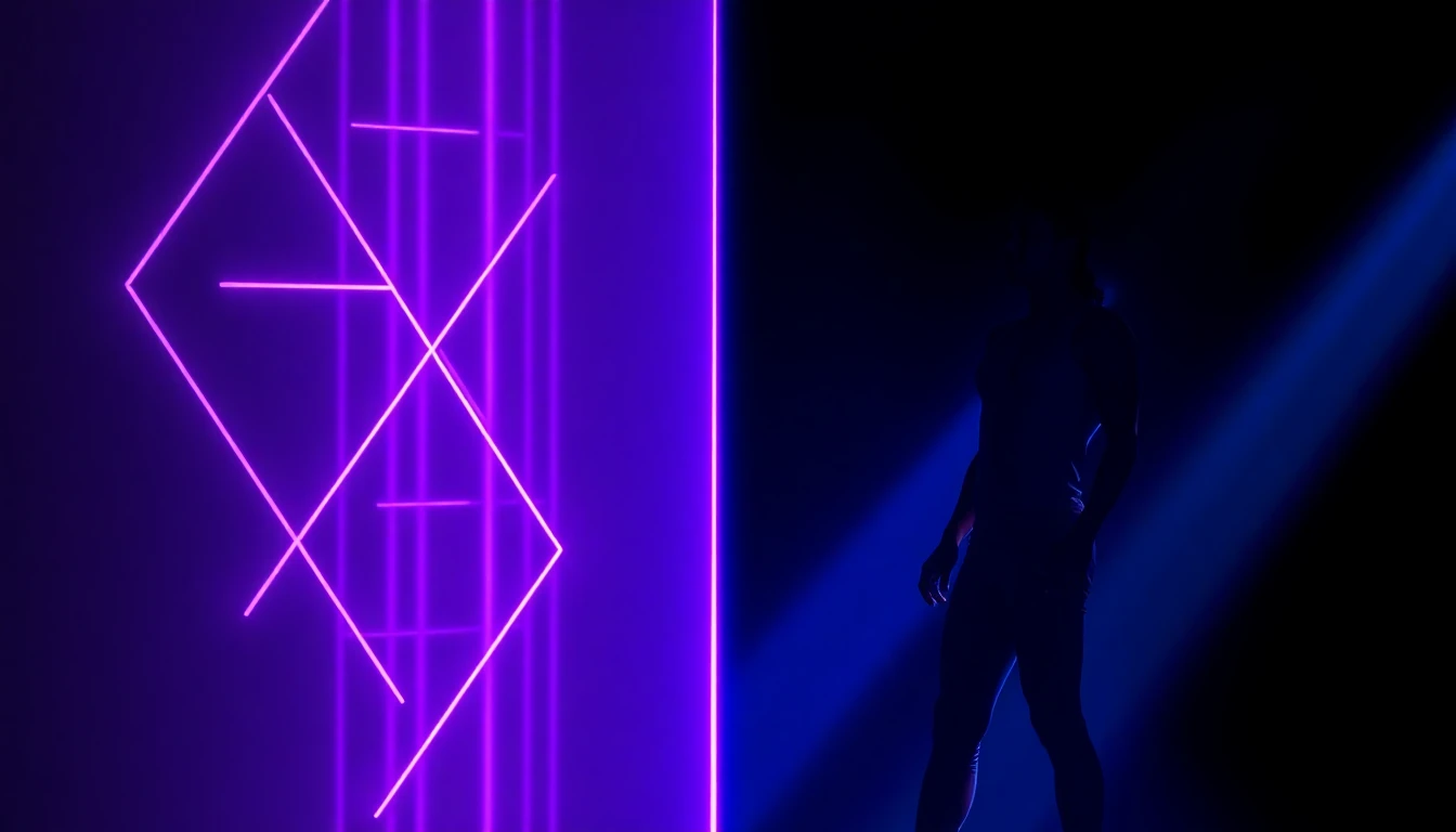 Split comparison of an abstract AI visualizer clip beside a synced AI performer clip, neon purple and cyan lighting