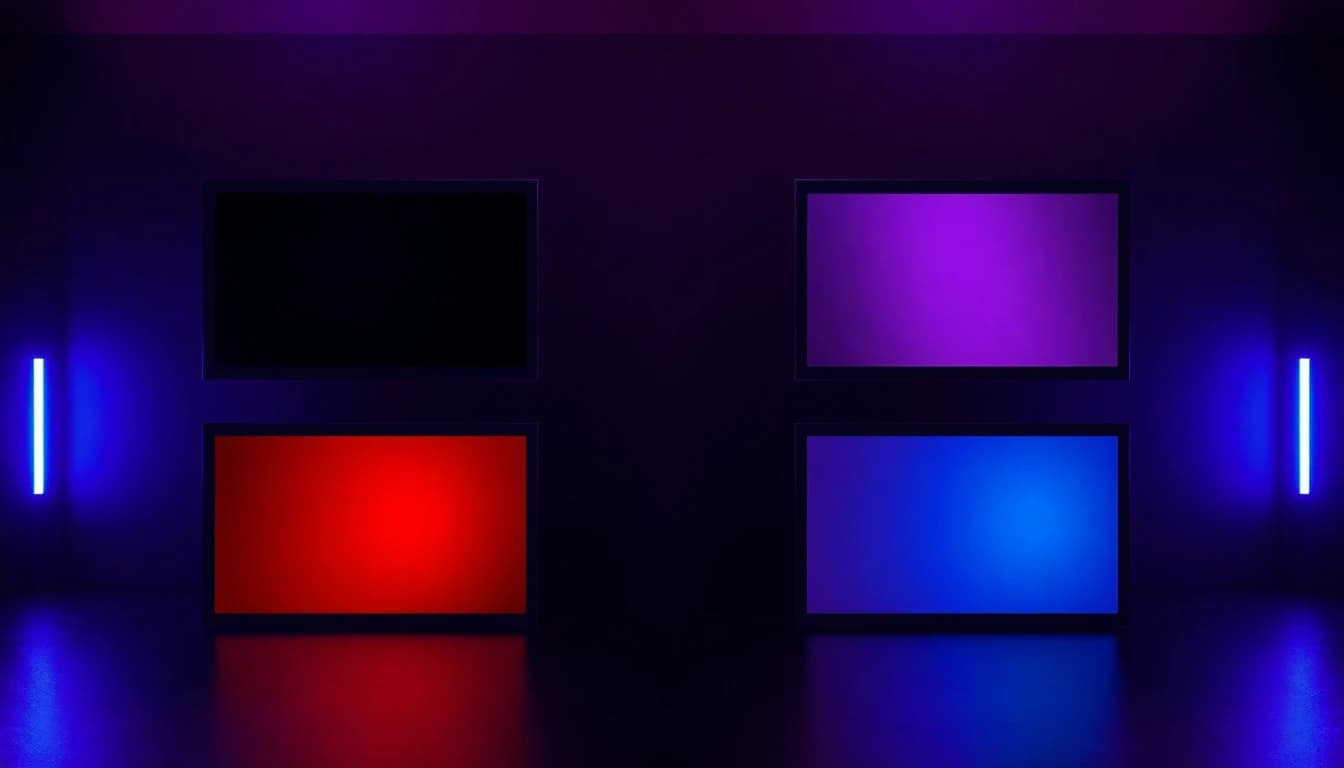 Grid of AI music video visuals in different genre styles, neon purple and lime accents in a dark studio