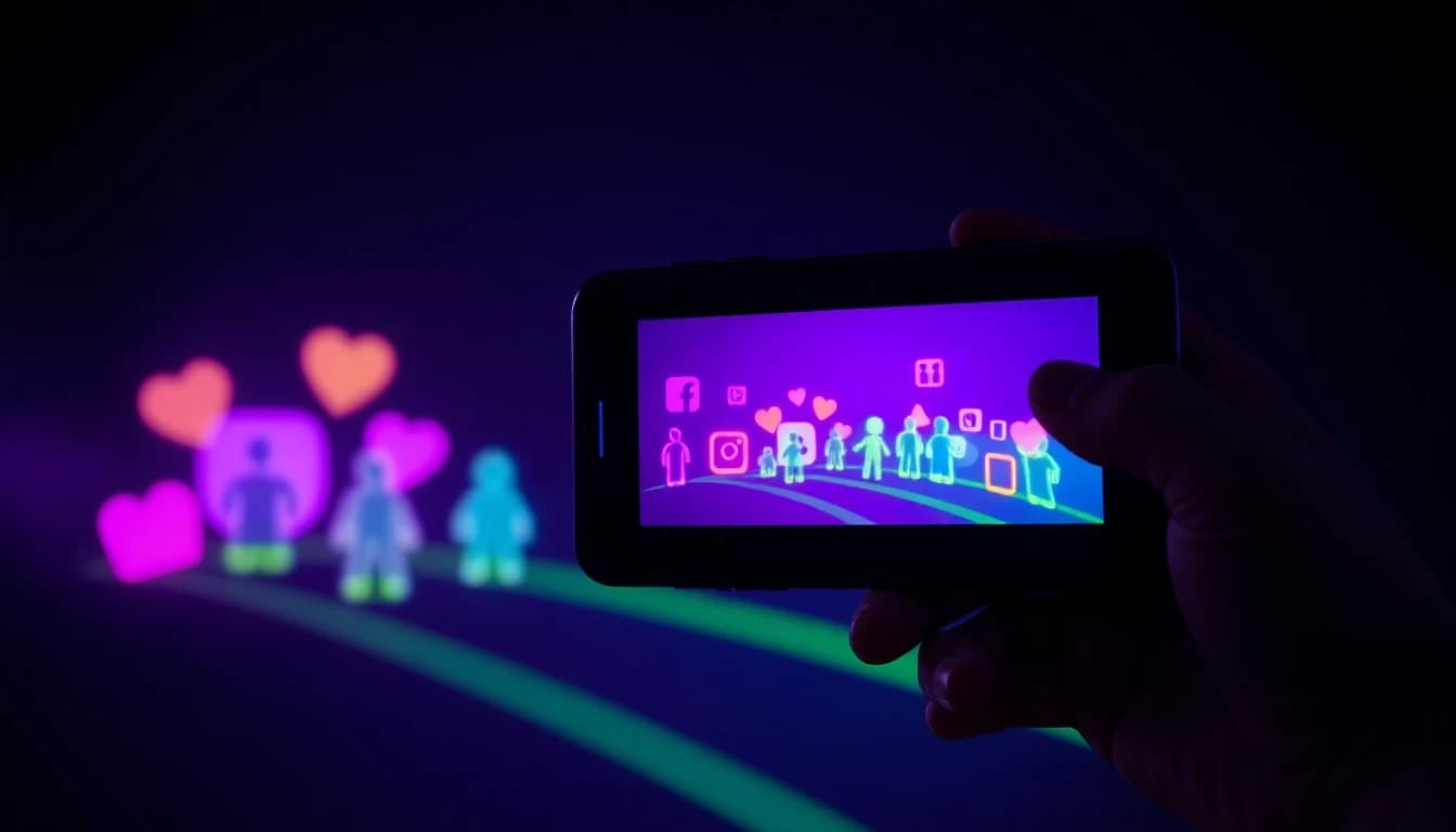 Phone screen sharing a finished AI music video clip to social apps, neon studio background