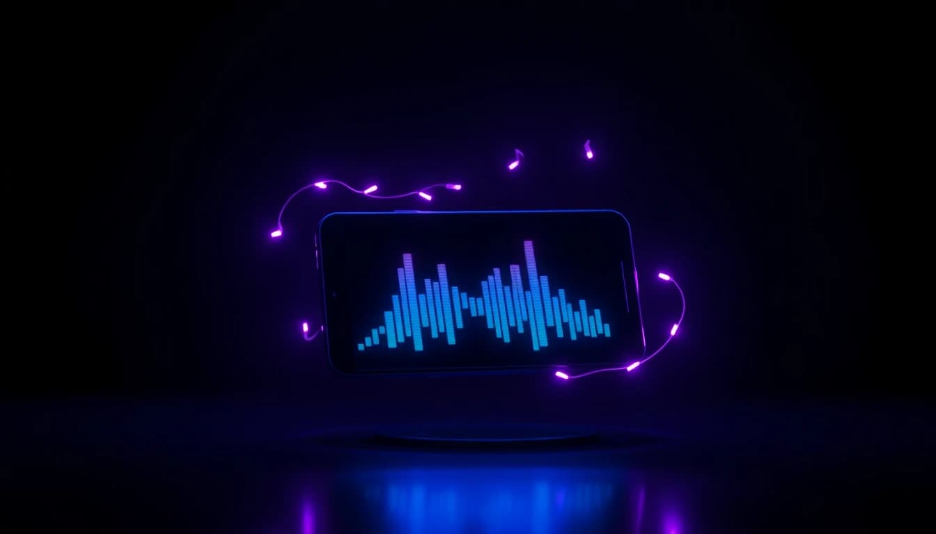 Generador de video musical con IA convirtiendo una canción en un clip de video sincronizado y brillante en un estudio neón oscuro
