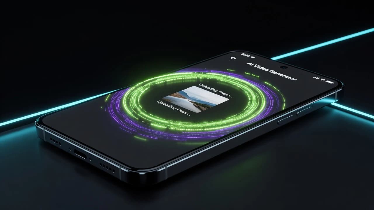 Close up of a smartphone uploading a photo into a futuristic AI video generator app with a glowing upload progress ring