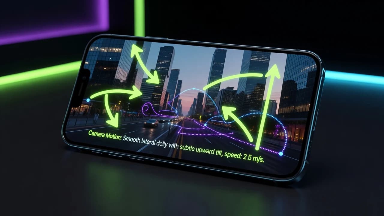 A smartphone AI video app showing an uploaded photo with glowing neon motion arrows describing the camera movement