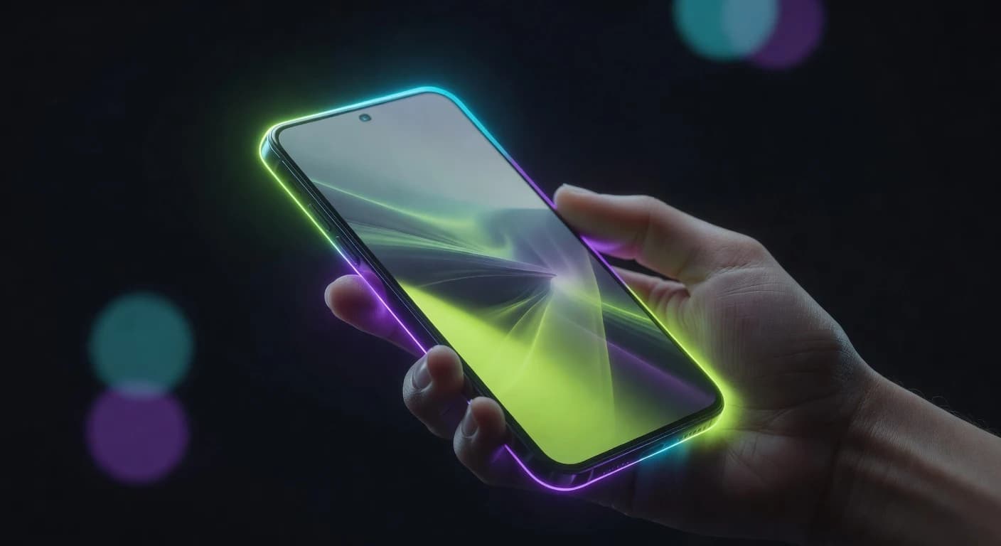 A hand holding a smartphone playing a smooth cinematic AI generated video created from one still photo, with neon glow in a dark room