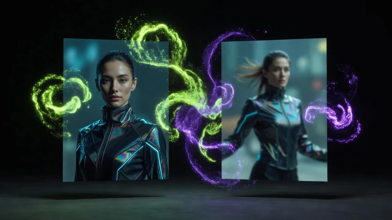 A still portrait photo transforming into a cinematic moving video with neon lime and electric purple transition particles on a dark background