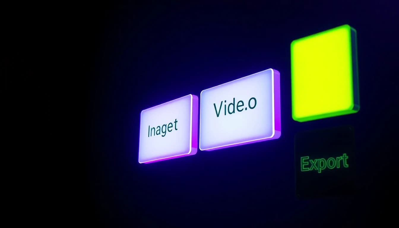 Une checklist de fonctionnalités de plateforme sous forme de panneaux lumineux : modèles, texte-vers-vidéo, image-vers-vidéo, rendu, export