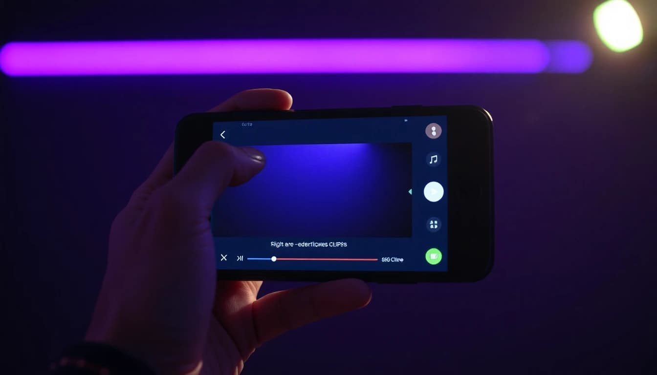 Un créateur exporte depuis son téléphone des clips verticaux terminés vers des applications sociales, lueur d'écran, aucun visage visible