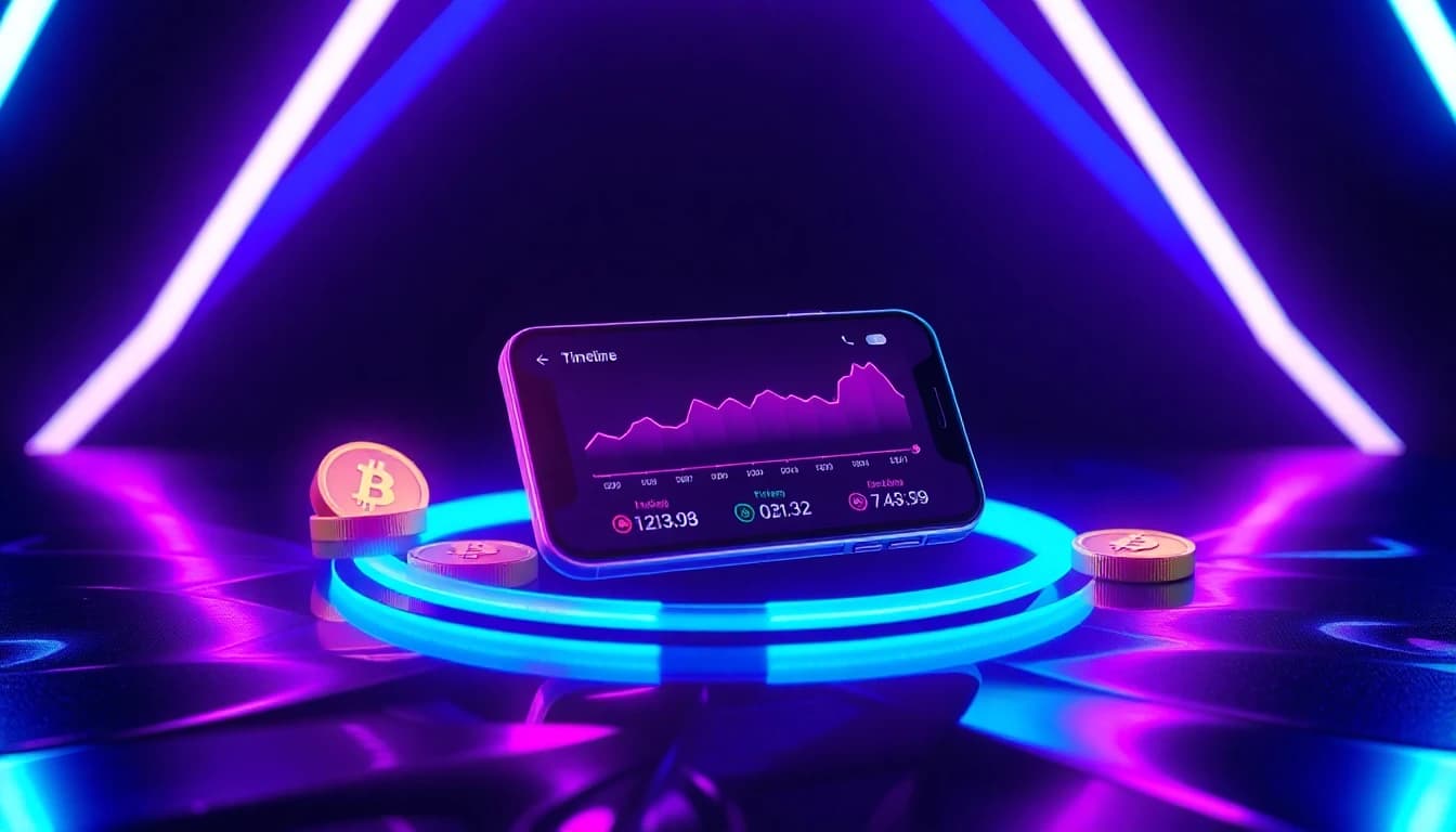KI Video Generator App Preise als leuchtende Token-Anzeigen neben einem Handy mit Video-Timeline