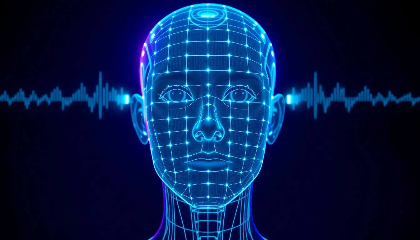 AI talking avatar with holographic facial recognition grid and speech waveform visualization