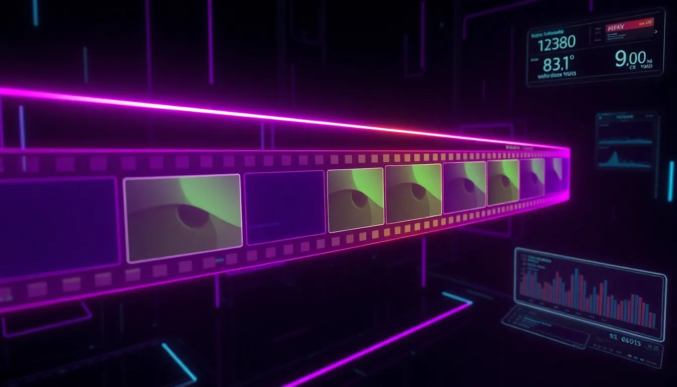 Pruna V KI-Videogenerierungs-Interface mit futuristischem Filmstreifen und holografischen Geschwindigkeitsmetriken