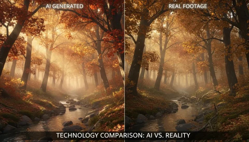 Side by side comparison of AI-generated and real camera footage showing how close AI video has come to matching reality