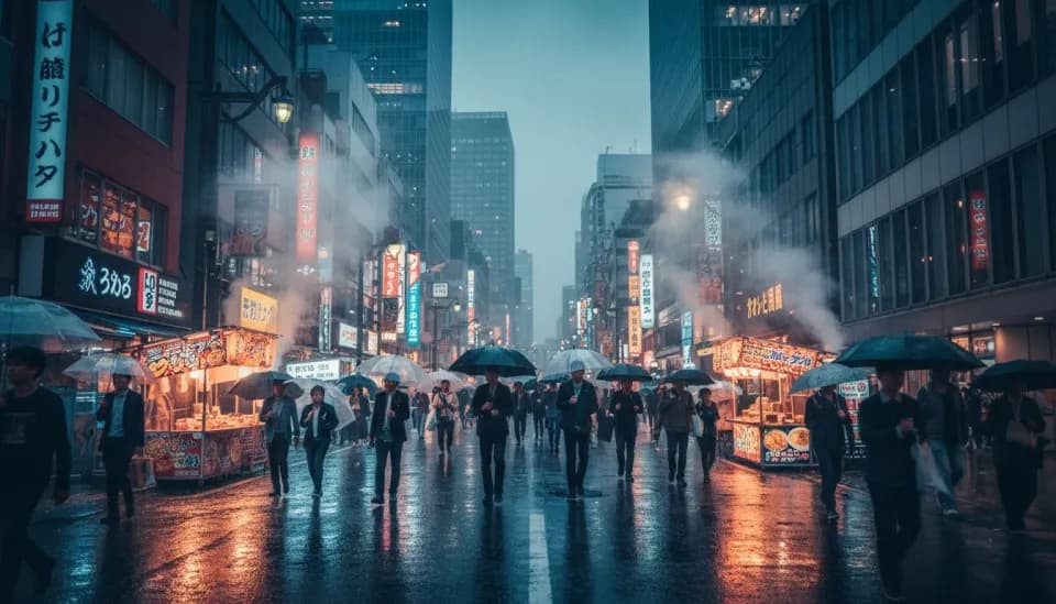 Fotorealistische Tokio-Straßenszene bei Nacht mit Neonreflexionen auf nassem Asphalt