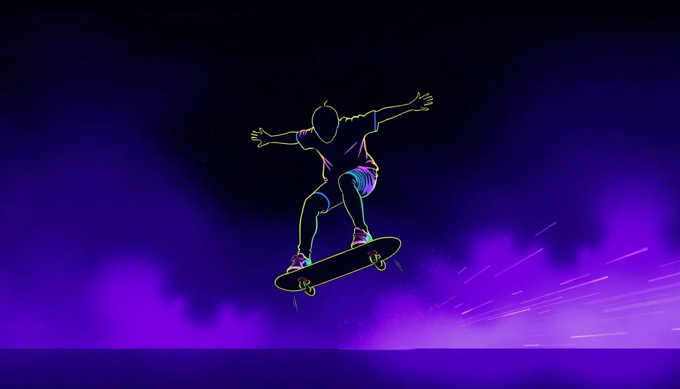Exemple de vidéo IA vers vidéo : un clip réel d'un skateur redessiné en scène d'anime dessinée à la main avec des contours néon