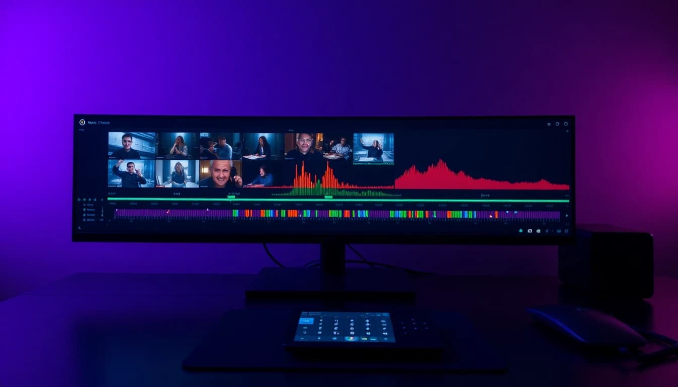 A video timeline with scene clips, a narration waveform and a music track aligned to a written script