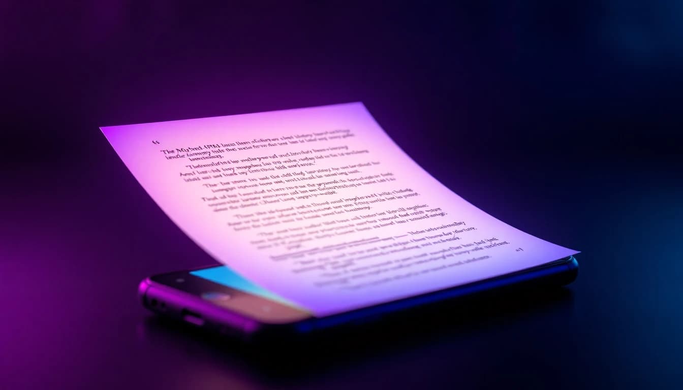 KI Video aus Skript erstellen: eine geschriebene Drehbuchseite wird auf dem Handy zu Videoszenen