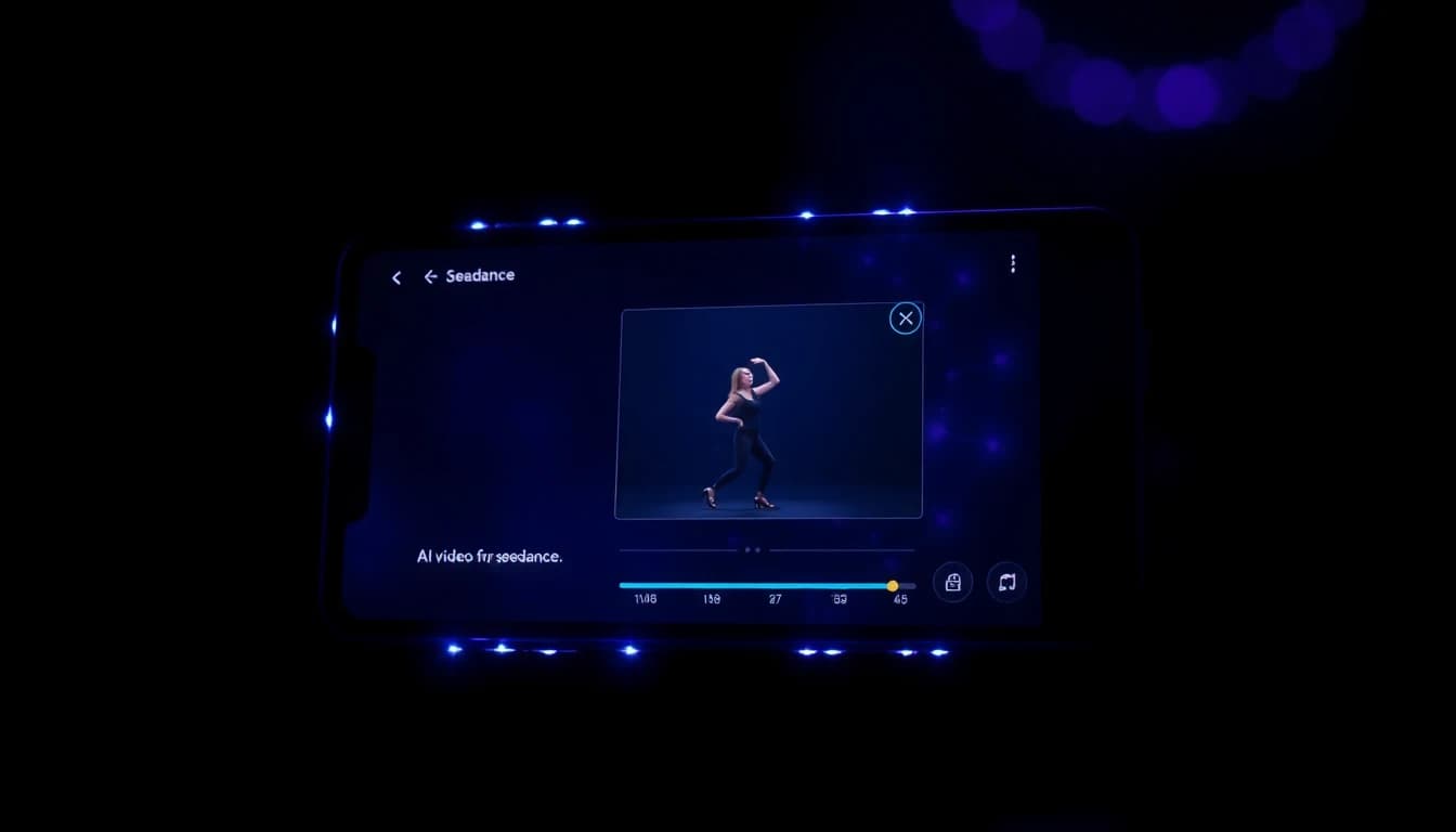 Smartphone zeigt VIBE-App mit Seedance 2 ausgewählt und Tanzvideo-Vorschau
