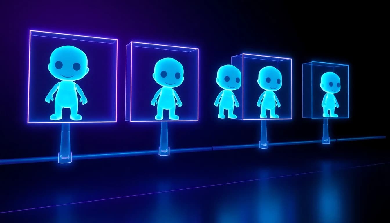 Four reference images of a consistent animated character being uploaded into an AI video generator's reference-image mode