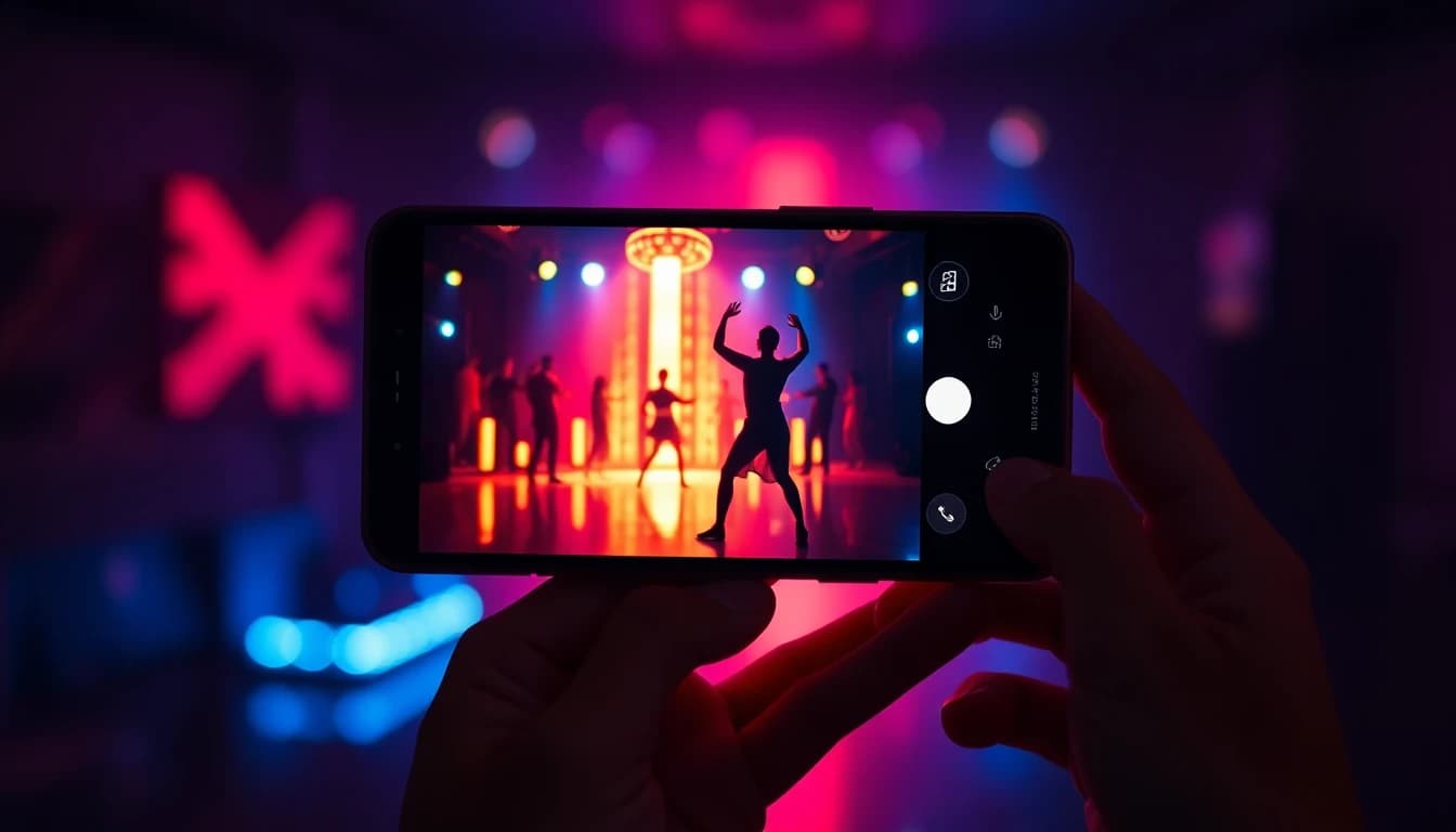 Hand holding smartphone with vibrant AI generated dance video playing full screen with neon glow