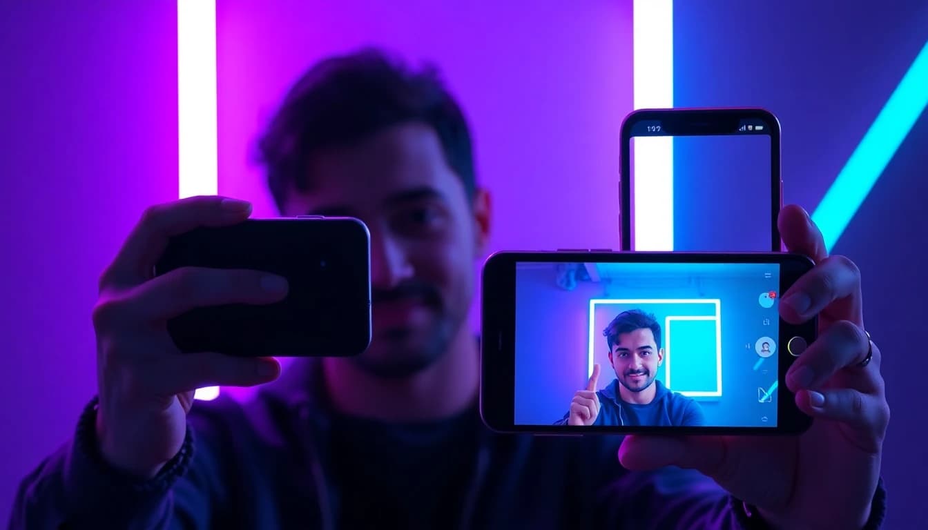 Personne prenant un selfie à côté d'un smartphone montrant le même selfie animé en vidéo IA cinématographique