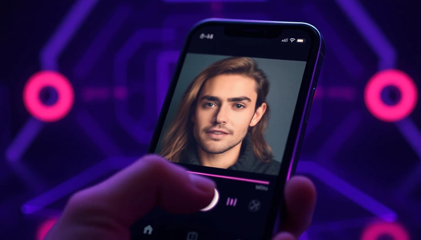 Gros plan d'un smartphone avec une photo selfie bien éclairée téléversée dans une interface de générateur de vidéo IA