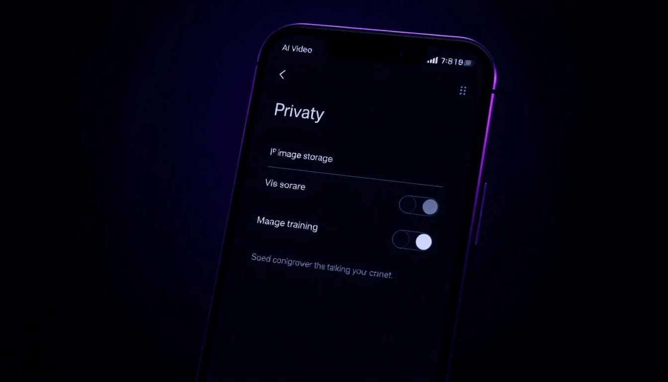 Écran de smartphone affichant les paramètres de confidentialité d'une app vidéo IA avec contrôles utilisateur pour le stockage d'images et l'entraînement