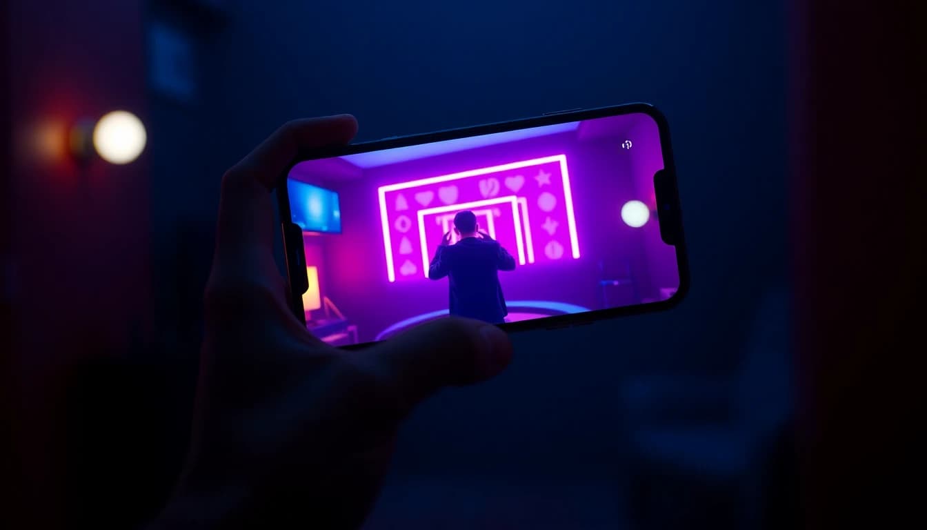 Main tenant un smartphone avec une vidéo IA cinématographique d'une personne en plein écran dans une pièce sombre avec lueur violette
