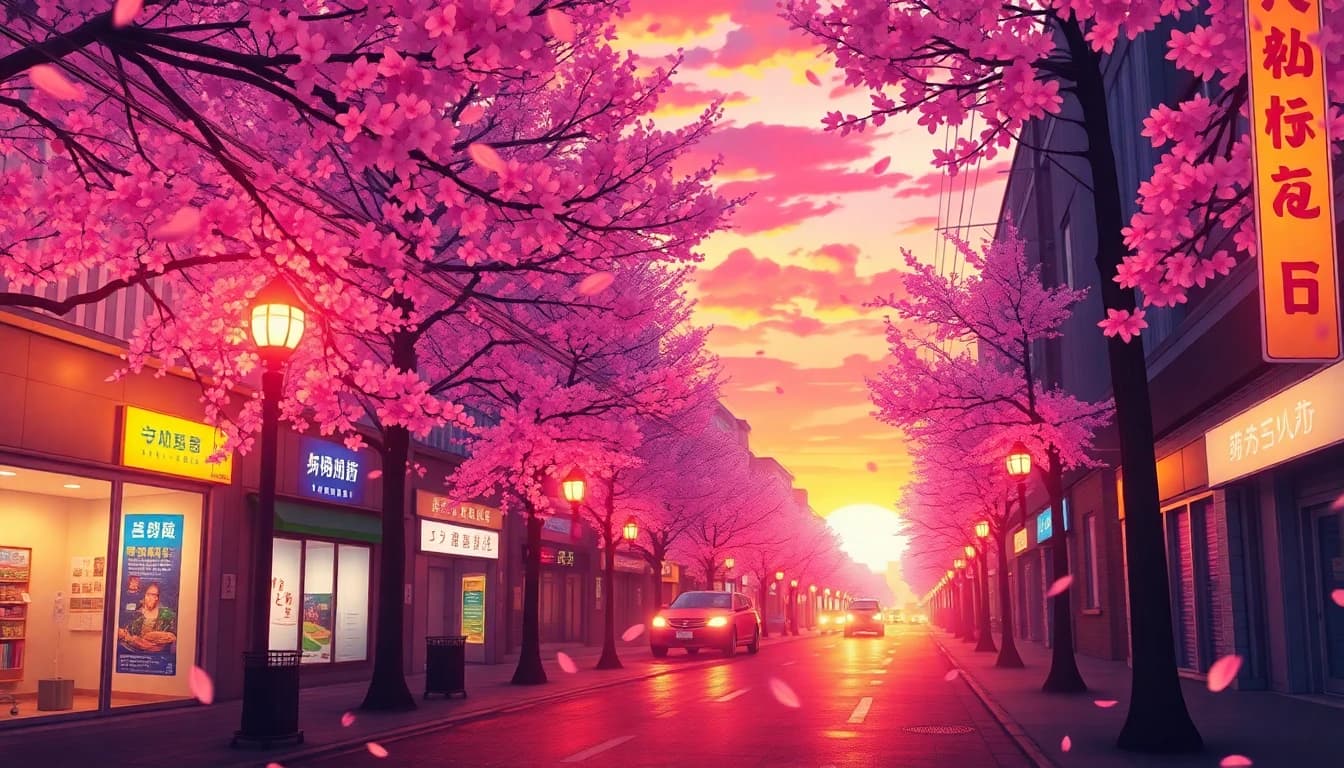 Anime style city street at sunset with cherry blossom petals drifting past streetlights in a vibrant Sora 2 generated frame