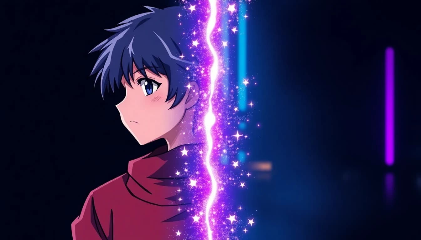 A flat anime style character illustration on the left being animated into a moving cinematic clip on the right