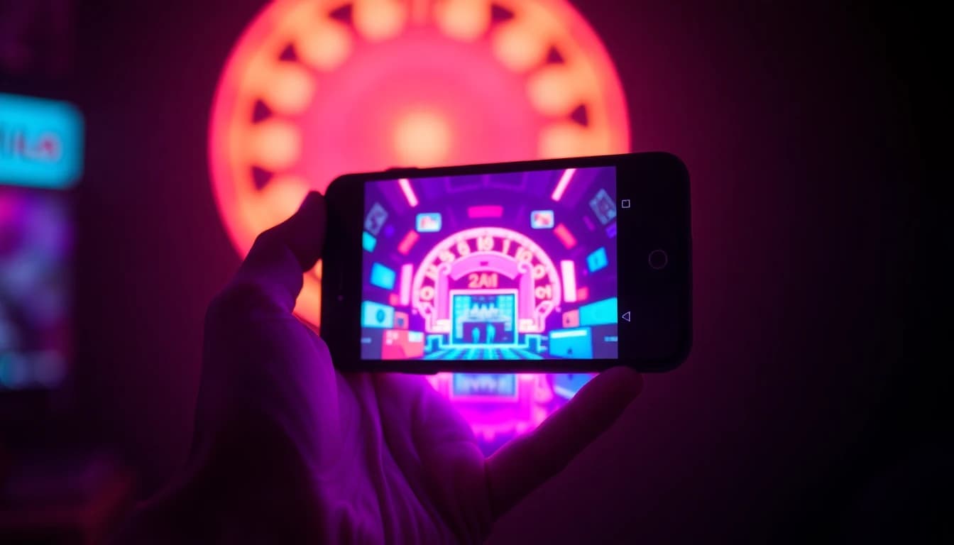Hand holding a smartphone with a vibrant anime style AI generated video playing in a dark room with neon purple glow
