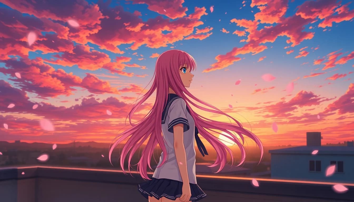 Anime girl with long pink hair standing on a school rooftop at sunset with cherry blossom petals drifting through a dramatic Makoto Shinkai inspired sky