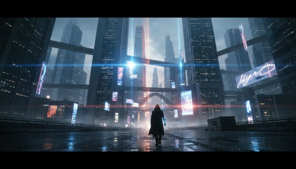 Cinematic AI-generated cityscape at dusk created with Sora 2 showing dramatic lighting and atmospheric depth