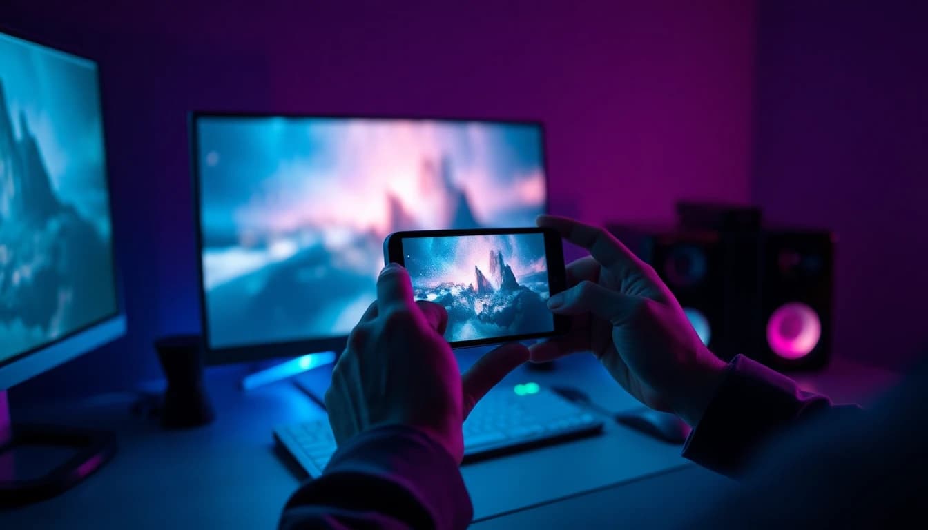 Un créateur à son bureau comparant sur un téléphone un brouillon gratuit et une vidéo finale premium