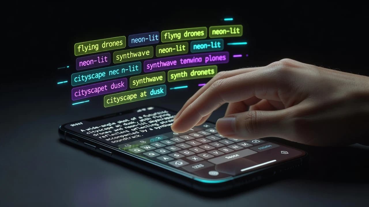 Nahaufnahme einer Hand, die einen beschreibenden Textprompt in eine KI-Videogenerator-App tippt, mit leuchtenden Wortvorschlag-Chips