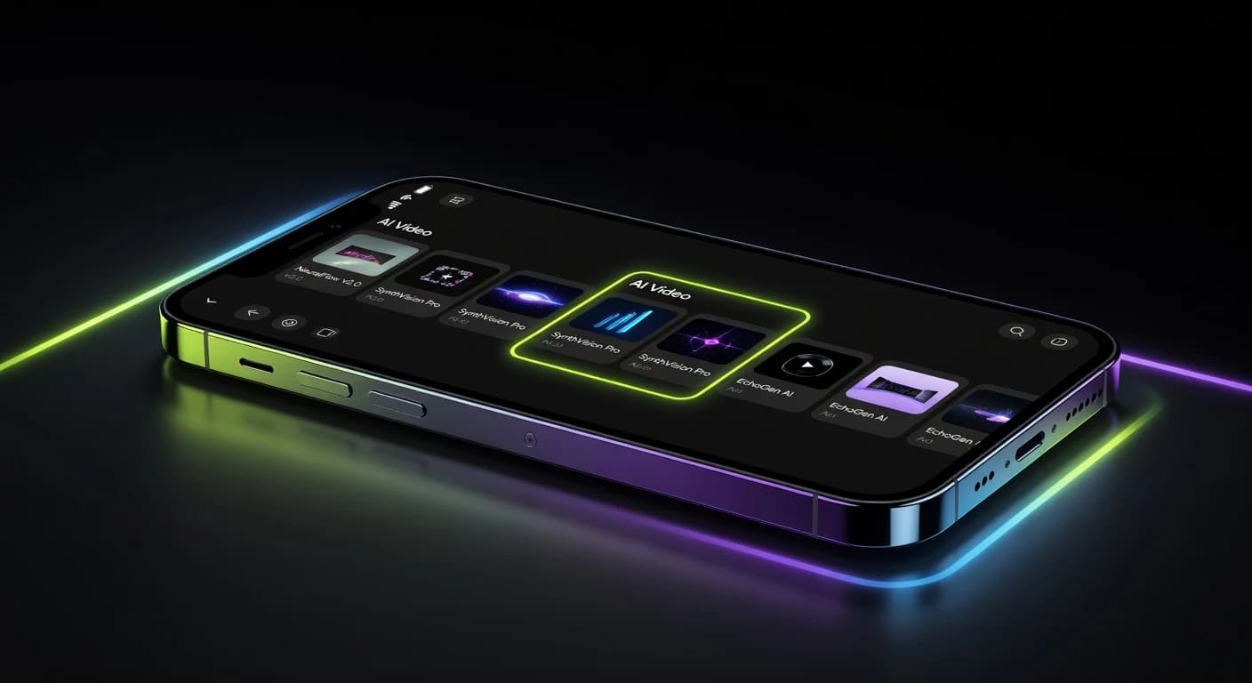 Ein Smartphone zeigt einen KI-Video-App-Modell-Picker mit mehreren auswählbaren KI-Modell-Karten und Vorschaubildern, eine mit einem Neon-Lime-Rahmen hervorgehoben