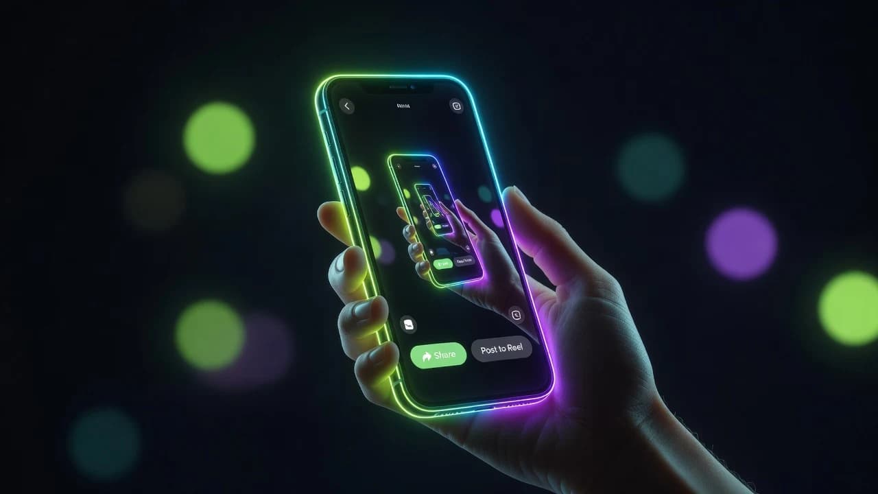 Eine Hand hält ein Smartphone, das ein fertiges vertikales KI-generiertes Video mit Social-Share-Buttons zeigt, bereit zum Posten, mit Neon-Glow in einem dunklen Raum