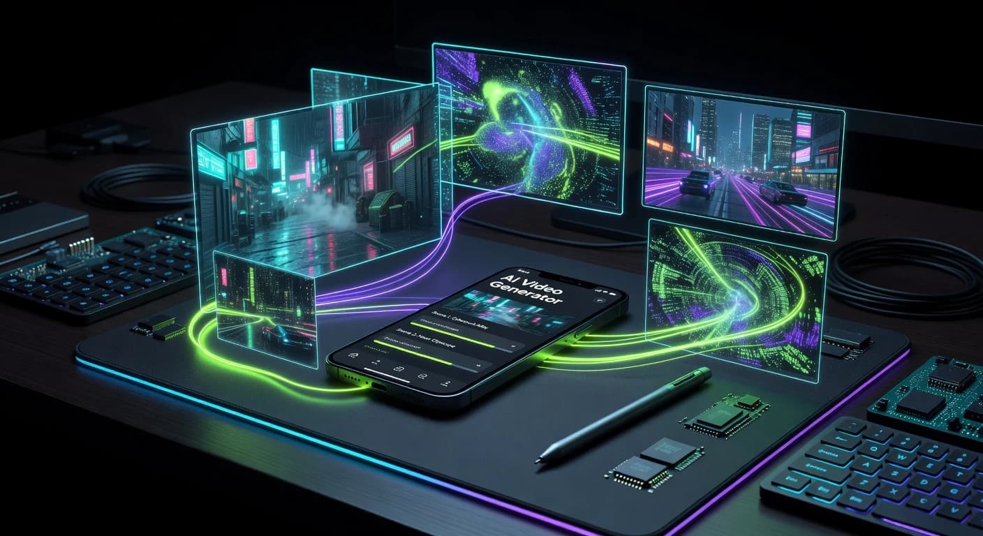 Overhead-Flatlay eines Smartphones, auf dem eine KI-Videogenerator-App läuft, umgeben von schwebenden holografischen Frames generierter Videoszenen mit Neon-Lichtspuren