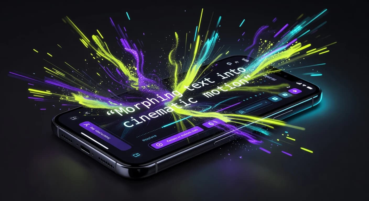 Ein Smartphone-Bildschirm zeigt, wie ein geschriebener Textprompt sich in einen cineastischen bewegten Videoclip verwandelt, mit Partikeln in Neon-Lime und Electric Purple auf dunklem Hintergrund