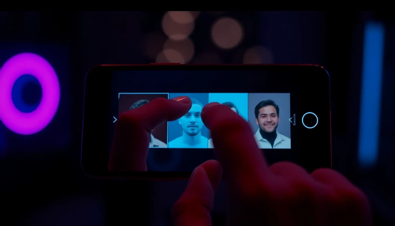 Hand swiping between three AI video model previews on a smartphone in a dark room with neon glow