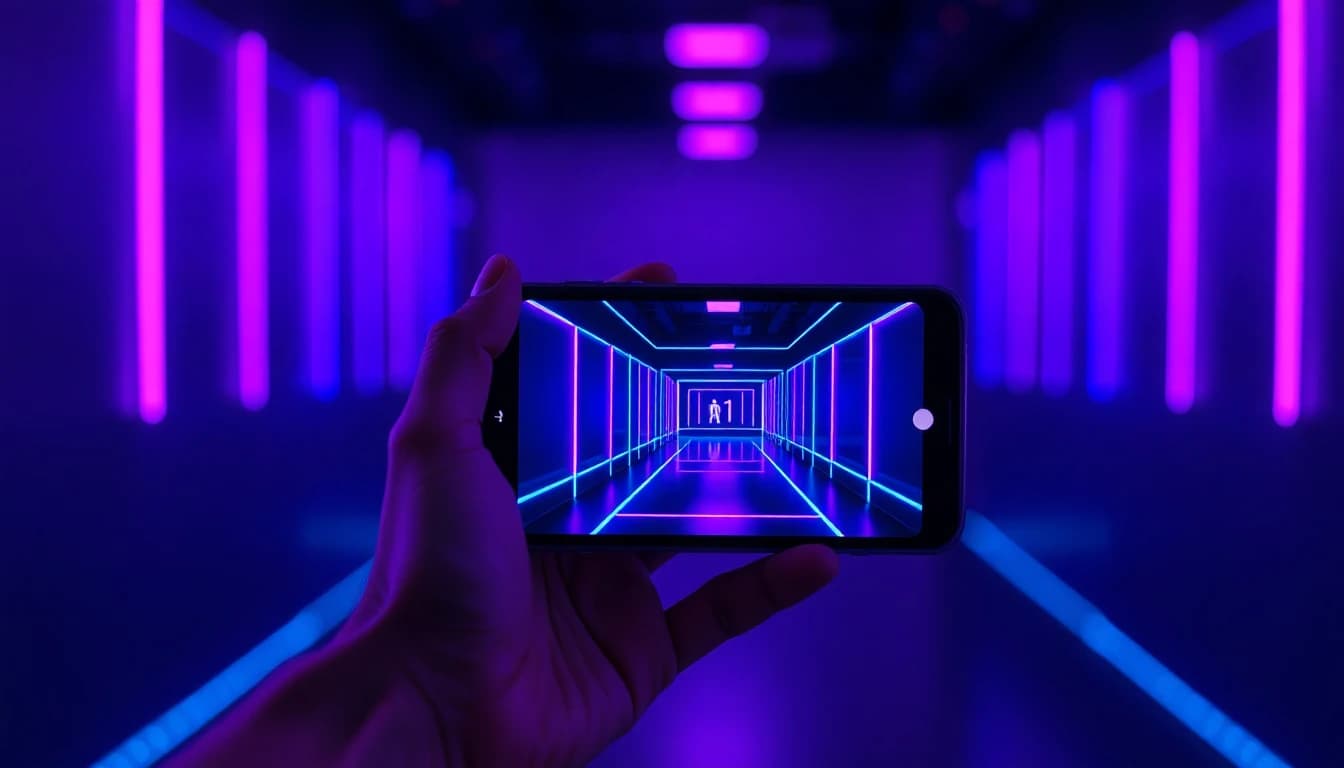 Smartphone in hand displaying a finished AI video with neon purple and cyan glow against a dark background
