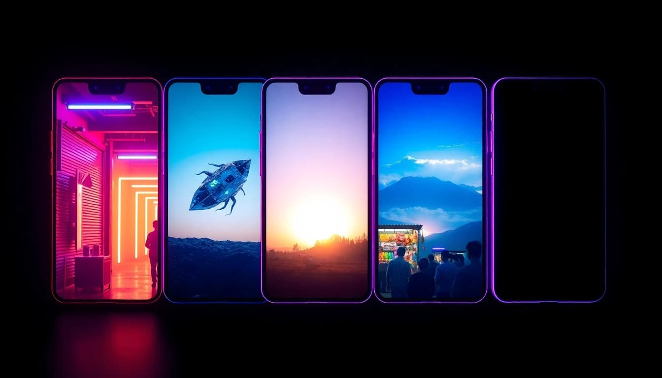 縦型のスマホフレーム6枚で表現したTikTok AI動画トレンド。それぞれ異なる形式が光っている