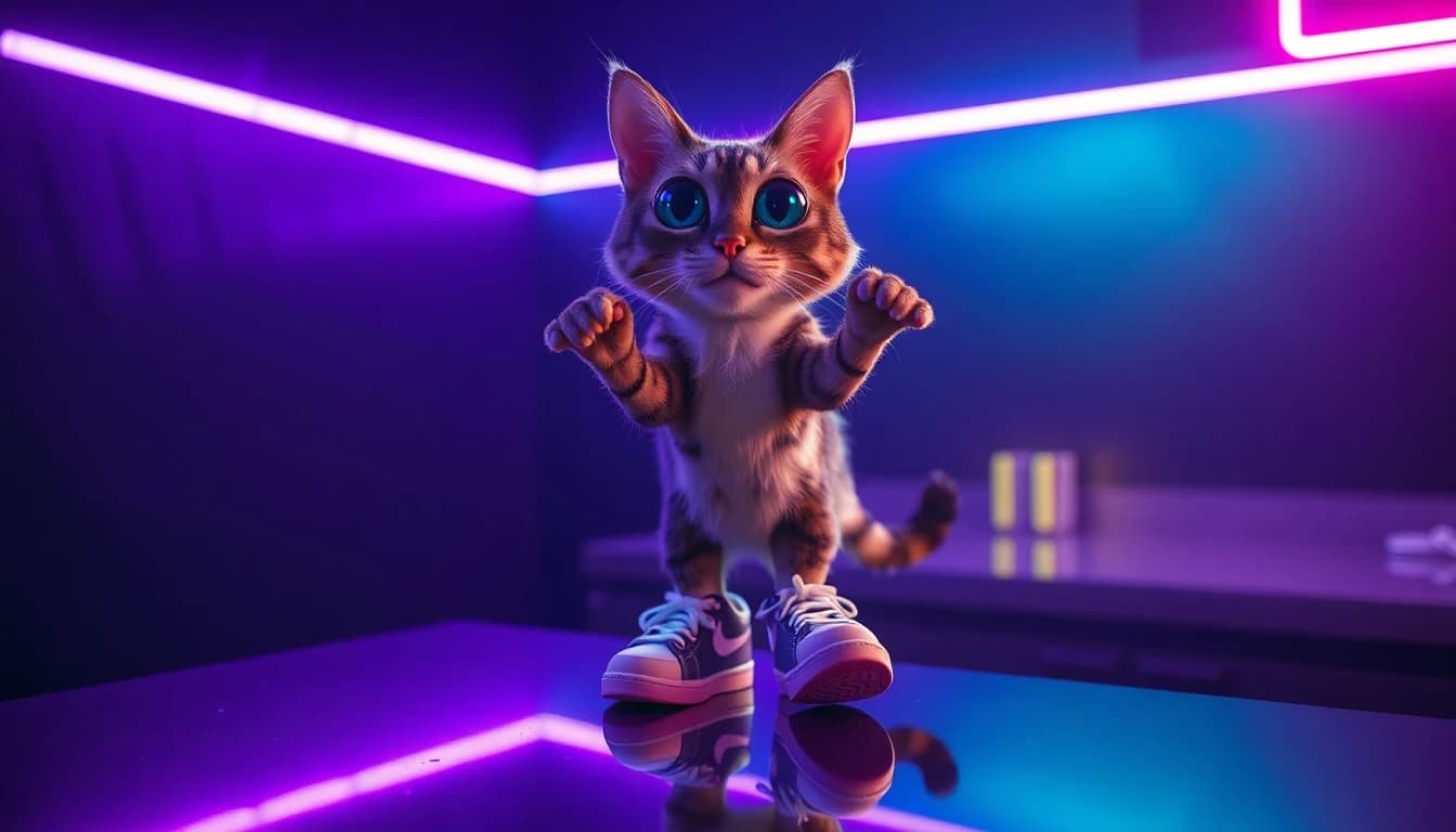 暗いスタジオセットで光るシュールなハイブリッドキャラクター。TikTok AI動画トレンドの一例