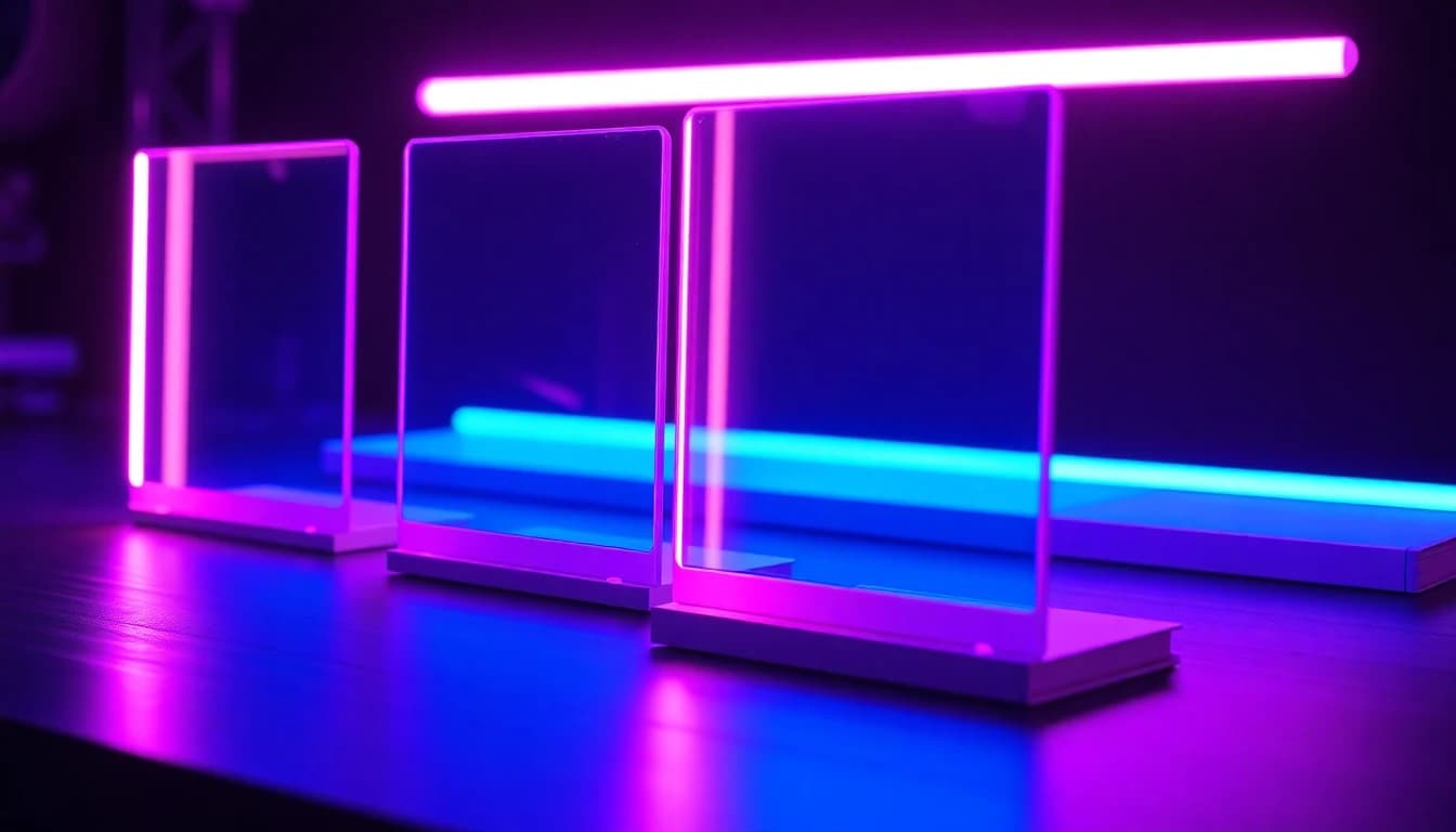 モデルに合わせたTikTok AI動画トレンド。暗いスタジオの机に並ぶ光る縦型フレーム